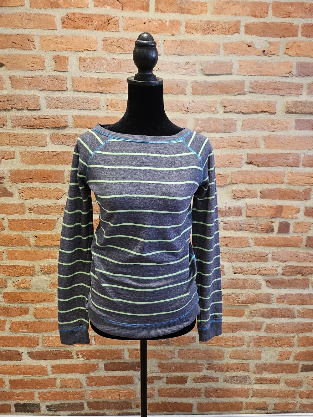 Xhilaration Grey and Lime Striped Crewneck Sweater
